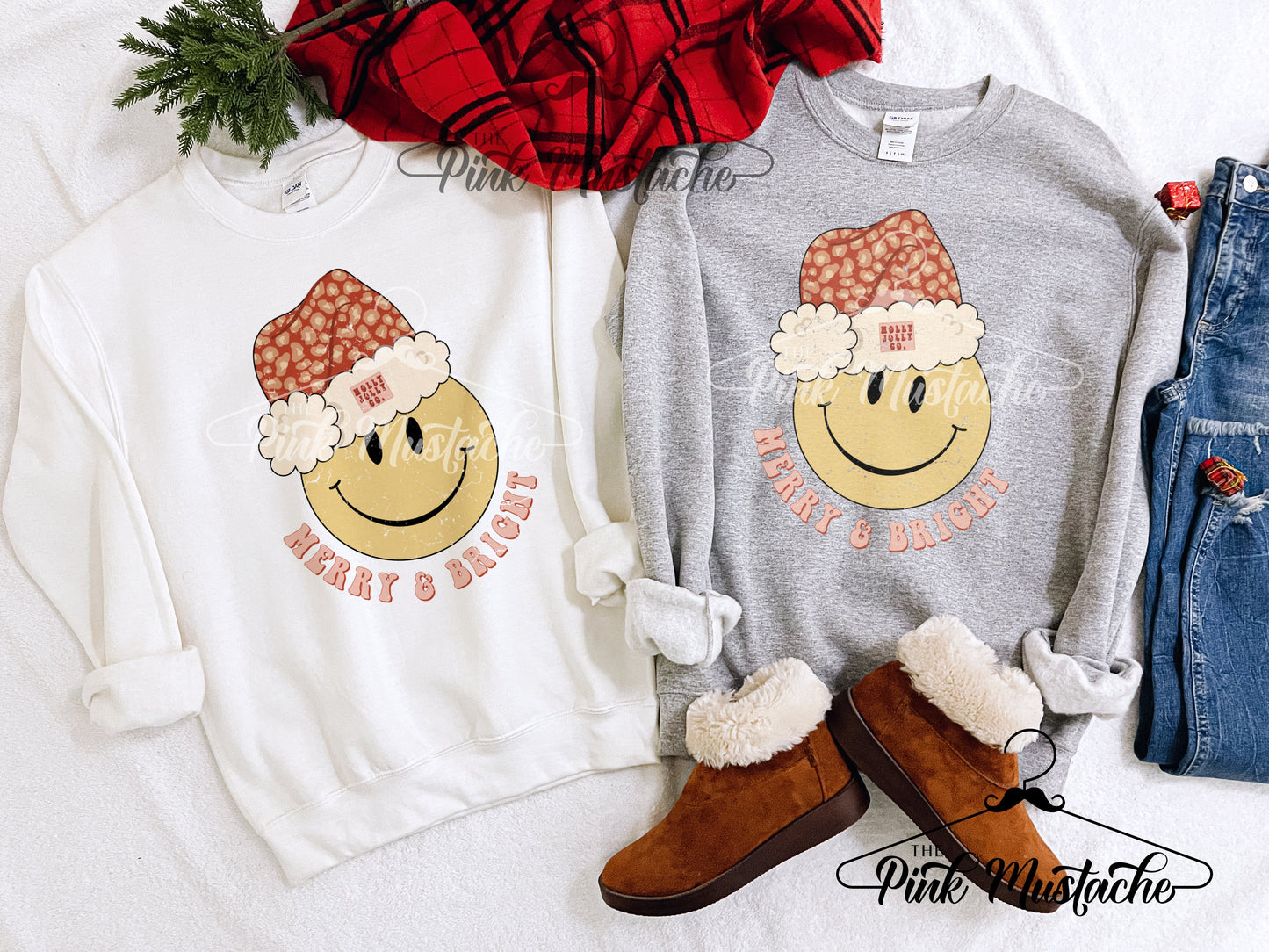 Merry and Bright Smiley Youth and Adult Retro Smiley Christmas Fleece Crewneck Sweatshirt/ White or Gray