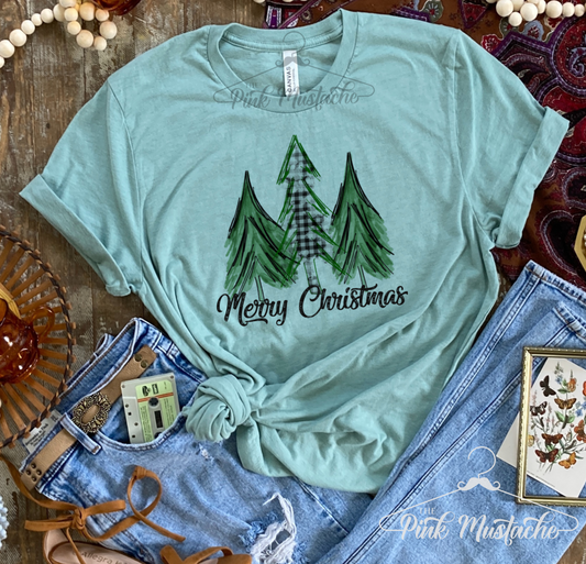 Merry Christmas Trees Buffalo Plaid  Soft Style Tee /Christmas Tees / Youth and Adult Sizes Available