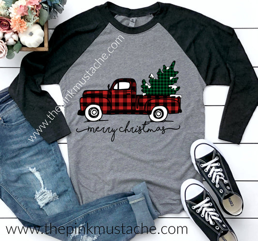 Merry Christmas Buffalo Plaid Truck Raglan / Merry Christmas Boutique Graphic Raglan Buffalo Plaid Christmas/ Youth and Adult Sizing