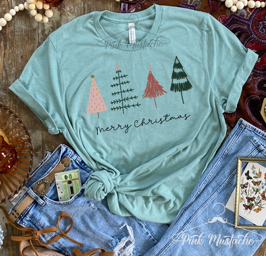 Merry Christmas Hand Drawn Trees Soft Style Tee /Christmas Tees / Youth and Adult Sizes Available