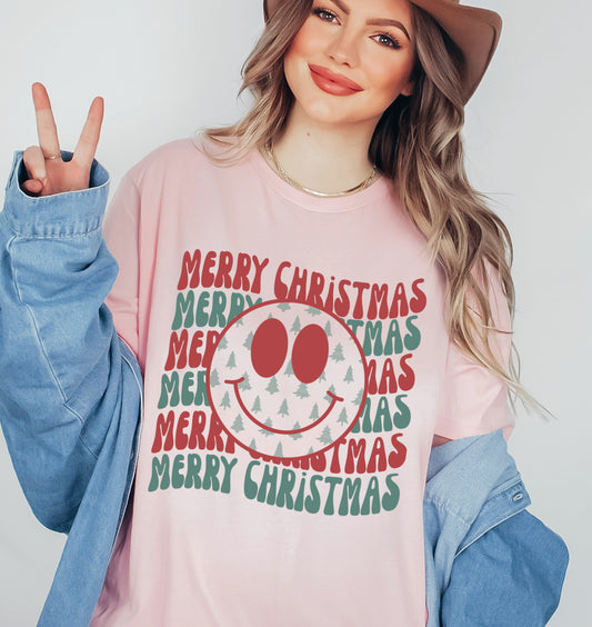 Mommy and Me Comfort Colors or Bella Merry Christmas Smiley Swerve Trees  Shirt/ Christmas Shirt/ Toddler, Youth, and Adult