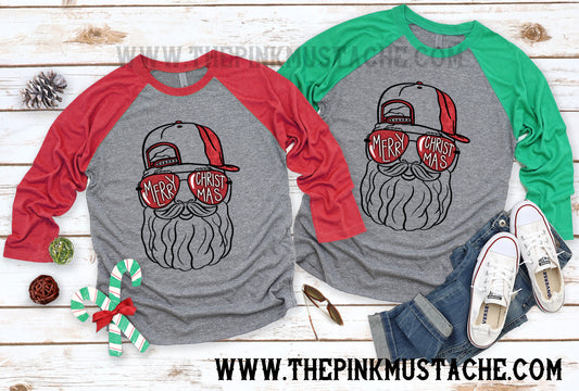 Santa Backwards Hat Raglan Tee/ Super Cute Christmas Shirt