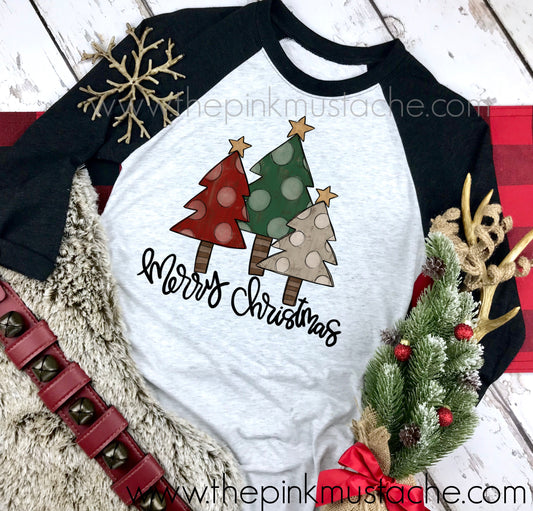 Merry Christmas Trees Polka Dot Print  Raglan / Youth and Adult sizing / Christmas T-Shirt