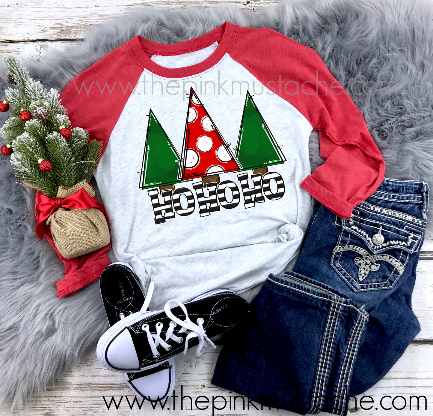 Christmas Tree Ho Ho Ho  Raglan Baseball Tee - Youth and Adult Size - Christmas Shirt