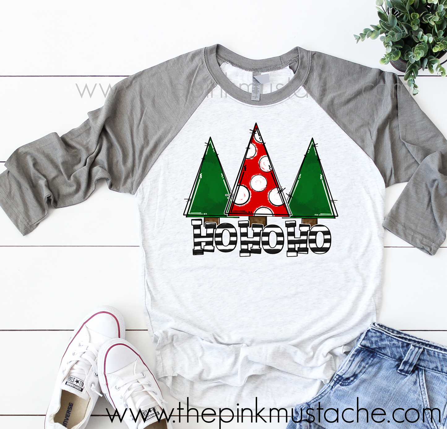Christmas Tree Ho Ho Ho  Raglan Baseball Tee - Youth and Adult Size - Christmas Shirt