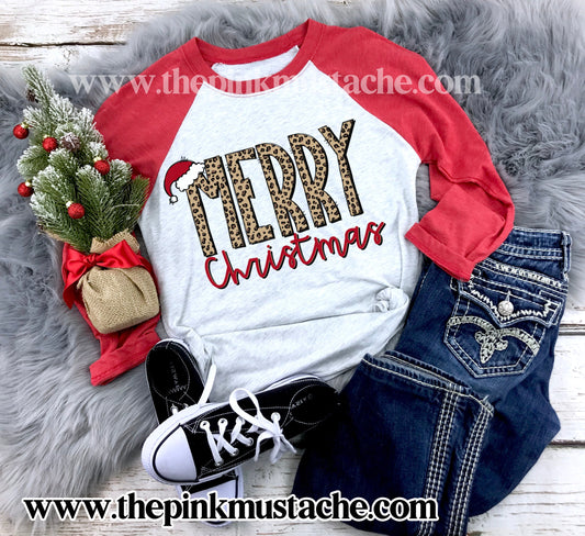 Merry Christmas Raglan / Youth and Adult sizing / Leopard Print Christmas - SALE