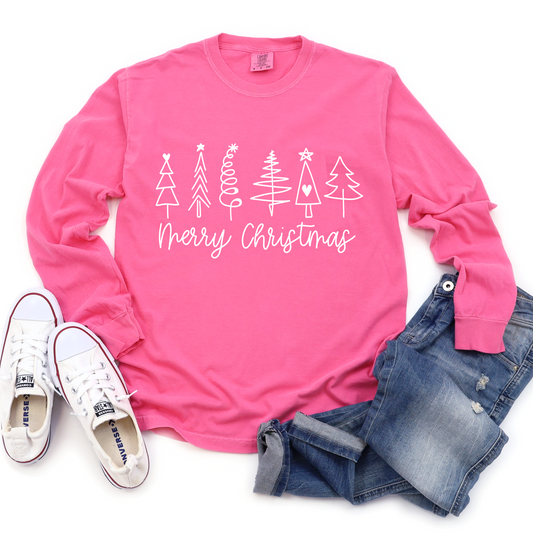 Comfort Colors Long Sleeved Pink Merry Christmas Trees Tee-  Adult Size - Christmas Shirt