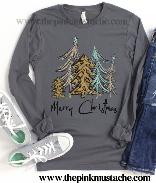 Long Sleeved Merry Christmas Tree Print Bella Canvas Shirt /Christmas T-Shirt
