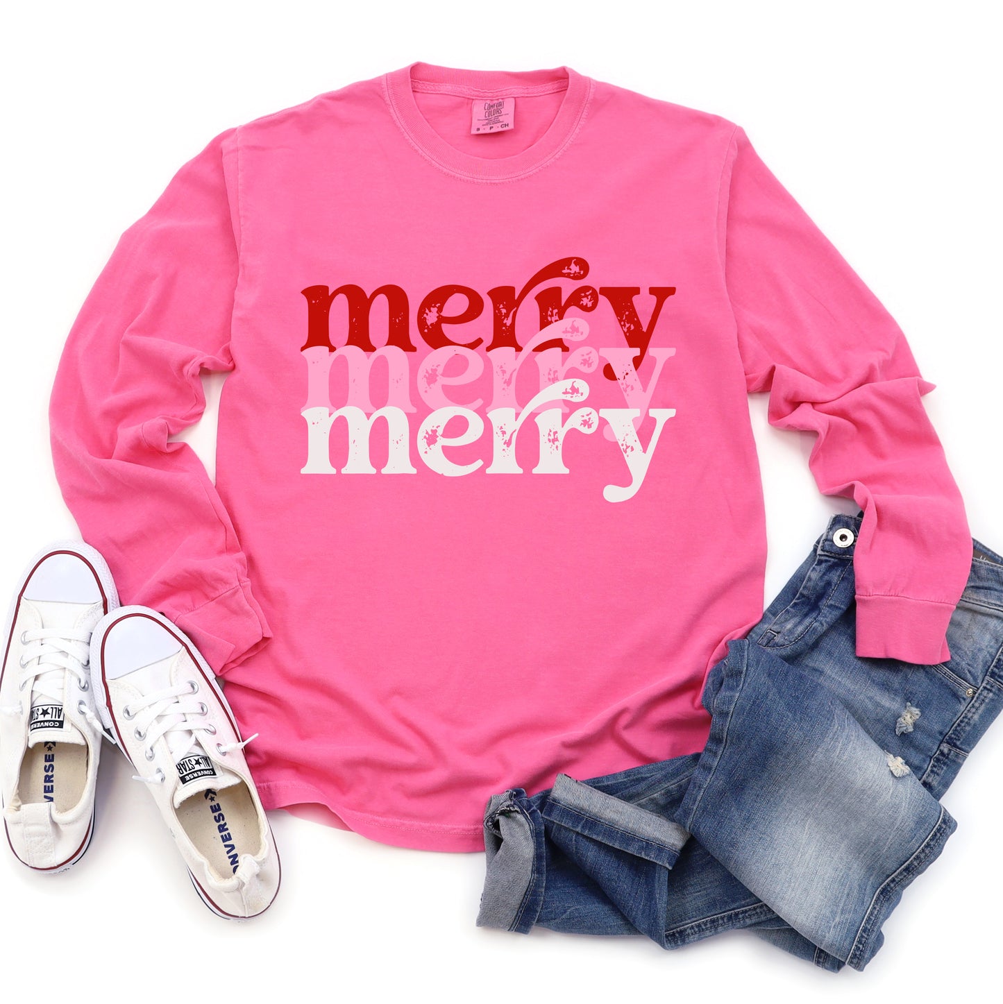 Comfort Colors Long Sleeved Pink Merry Merry Merry Tee -  Adult Sizes - Christmas Shirt