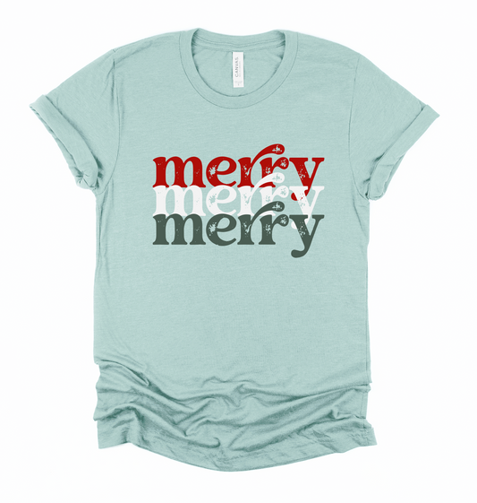 Dusty Blue Short Sleeved Merry Merry Merry Tee - Youth and Adult Sizes - Christmas Shirt