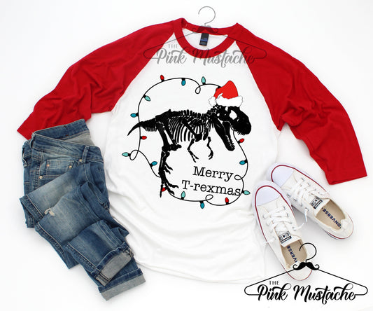 Merry T-Rexmas Christmas Tree Raglan /Youth and Adult Sizing/ Christmas Boys Dinosaur Graphic Raglan