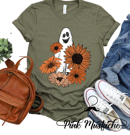 Olive Floral Ghost Tee/ Halloween Shirt/ Softstyle Tee/ Toddler, Youth And Adult Sizes Available