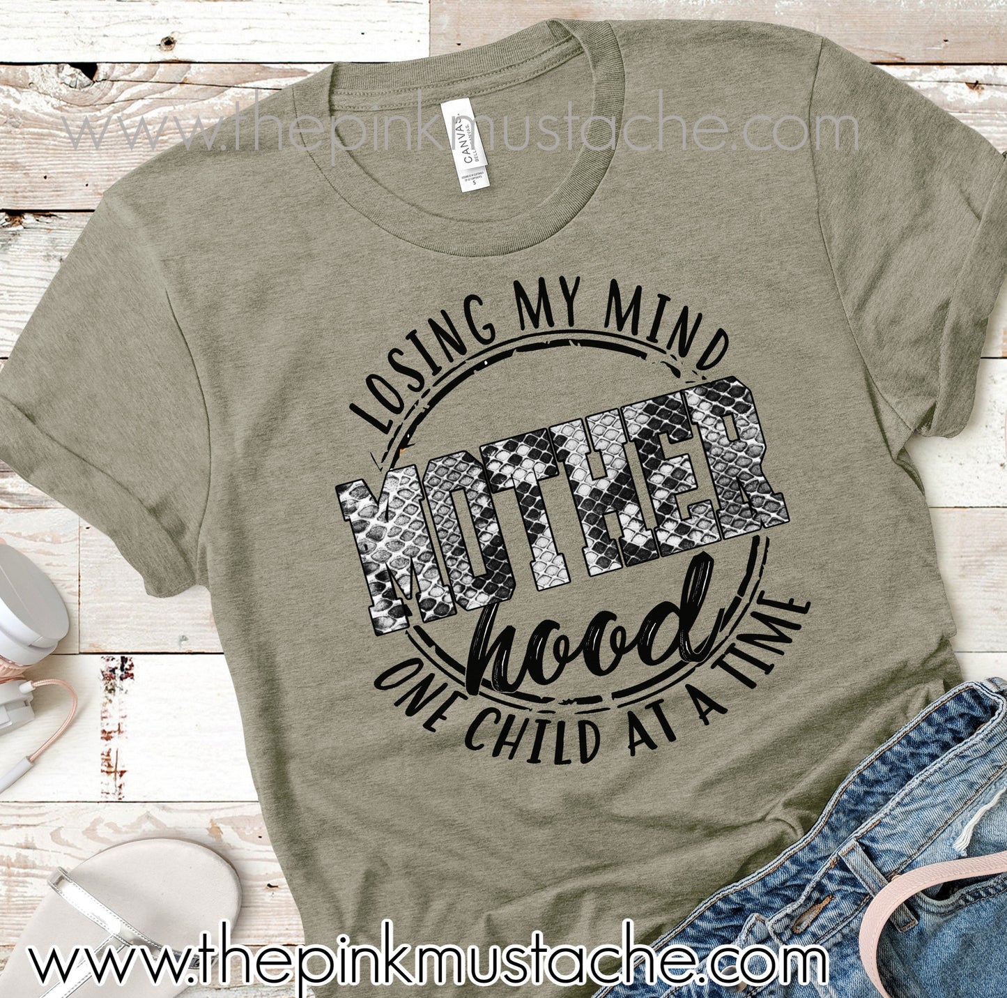 Motherhood, Losing My Mind One Child At A Time Snakeskin Print - Funny Mom Shirt - Layering Graphic T-Shirt