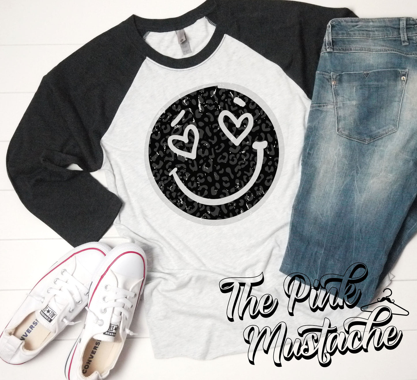 Black Leopard Distressed Smiley Face Raglan/ Super Cute Unisex Sized Shirt/ Youth and Adult Options