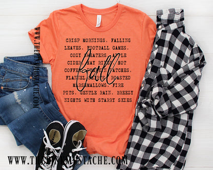 Crisp Mornings, Fall Leaves, Football Games - FALL words Tee/ Bella Canvas / Fall Layering Tee / Teachers Tee