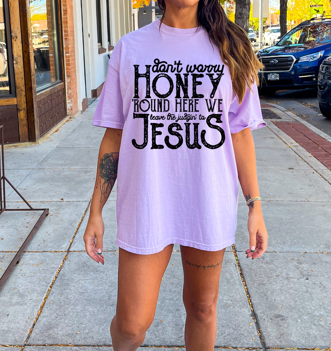 Comfort Colors Orchid Don't Worry Honey, Round Here We Leave the Judging to Jesus Shirt