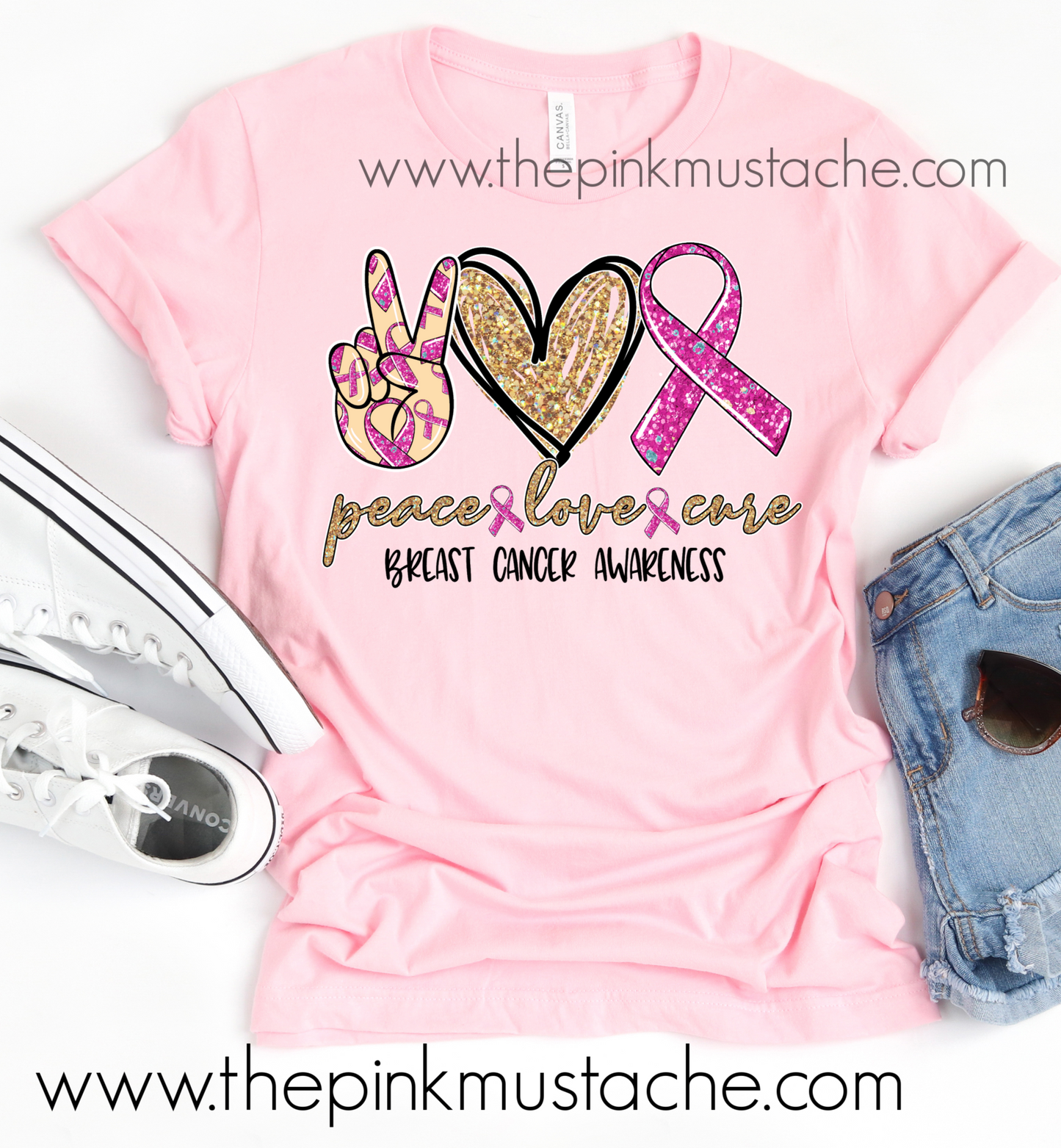 Peace Love Cure - Breast Cancer Awareness Tee / Unisex Sized Breast Cancer Awareness T-Shirt/ Youth and Adult Sizing Pink Ribbon
