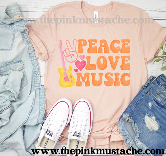 Peace Love Music Peach- Retro Vibes Softstyle Bella Tee /Youth and Adult Sizes/ Fun Hippie Vibes Tee/ Youth and Adult Sizing Available