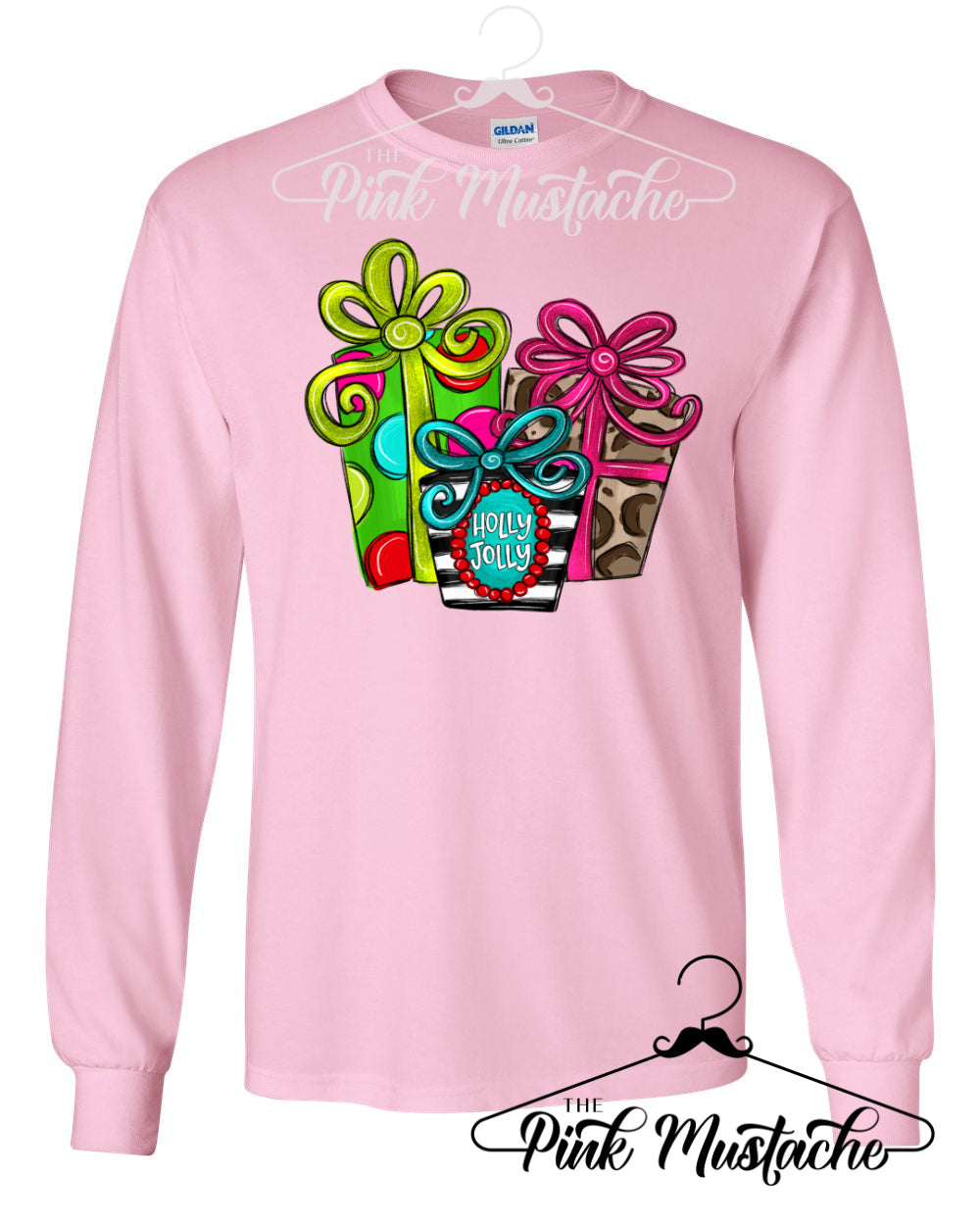 Long Sleeve Pink Holly Jolly Presents Christmas Tee / Toddler, Youth, and Adult Sizes/ Softstyle Tee / Christmas Shirt