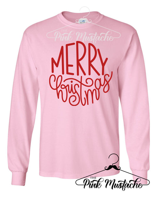 Long Sleeved Pink Merry Christmas Tees / Cute Mommy and Me - Family Christmas Tees