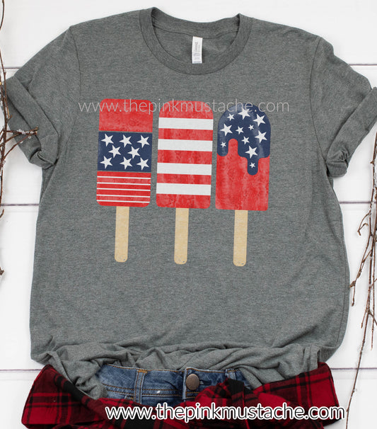 4th of July USA Popsicle Watercolor Patriotic Watercolor Short Sleeved T-Shirt