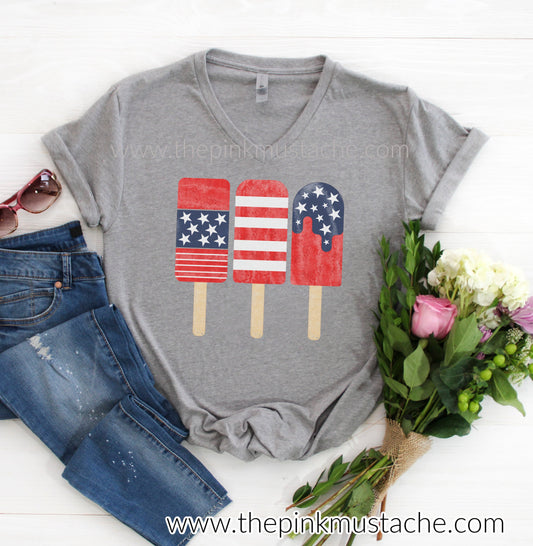 4th of July USA Popsicle Watercolor Patriotic Watercolor V-NECK Short Sleeved T-Shirt