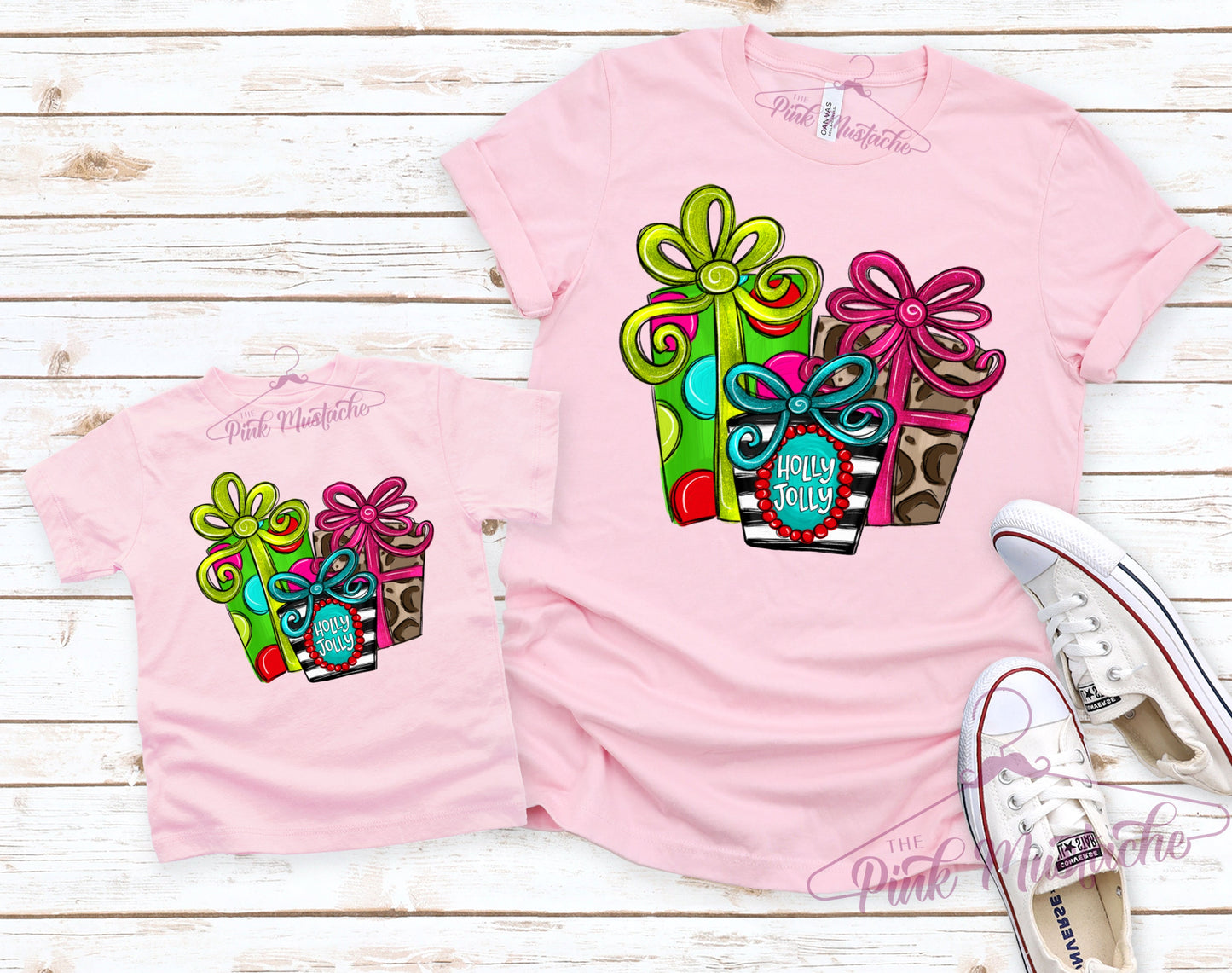 Pink Holly Jolly Presents Christmas Tee / Toddler, Youth, and Adult Sizes/ Softstyle Tee / Christmas Shirt