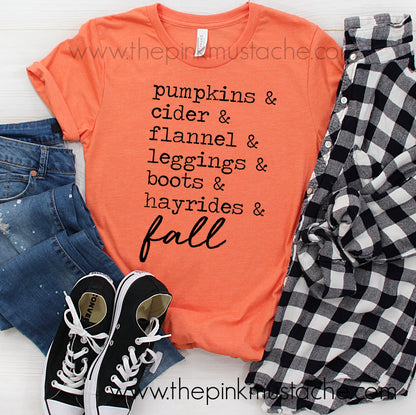 Pumpkins, Cider, Hayrides, Leggings, Boots, Flannel - FALL words Tee/ Bella Canvas / Fall Layering Tee / Teachers Tee