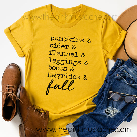 Pumpkins, Cider, Hayrides, Leggings, Boots, Flannel - FALL words Tee/ Bella Canvas / Fall Layering Tee / Teachers Tee