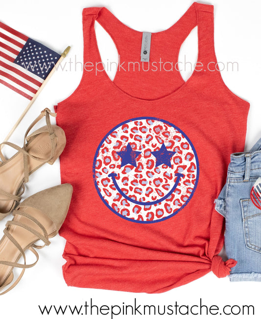 USA Smiley July 4th Racerback Tank Top / Memorial Day July 4th Tank / Retro Style Tank