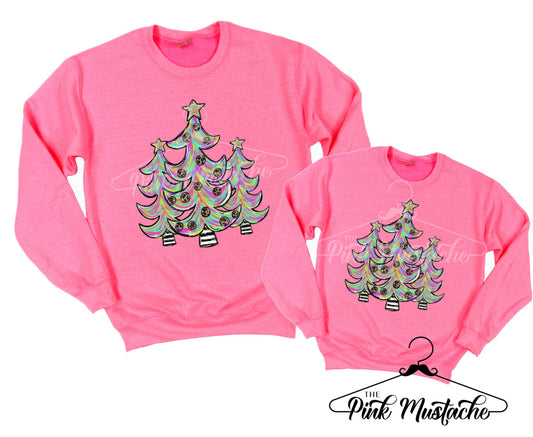 Mommy and Me Christmas Pink Christmas Trees Sweatshirts / Cute Mommy and Me - Family Christmas Sweatshirts