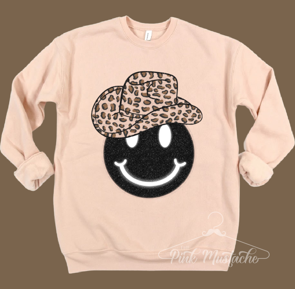 Bella Canvas Soft Style Retro Leopard Cowboy Happy Face Sweatshirt