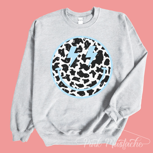 Smiley Cow Print Western Smiley Lightning Bolt Sweatshirt / Valentines Gift/ Gift for Her/ Super Cute Unisex Sweatshirt