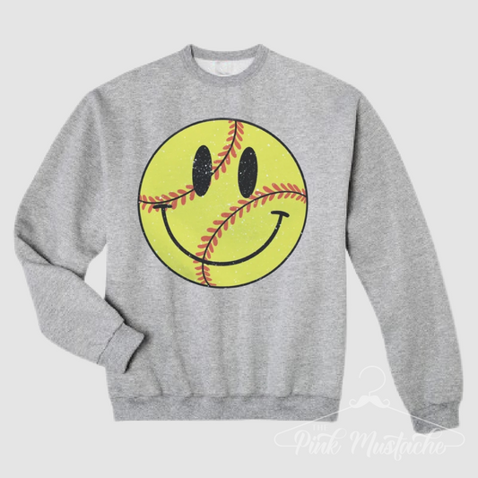 Vintage Softball Happy Face Sweatshirt/ Toddler, Youth, and Adult Unisex Sized Sweatshirt/ Softball Mom Sweatshirt