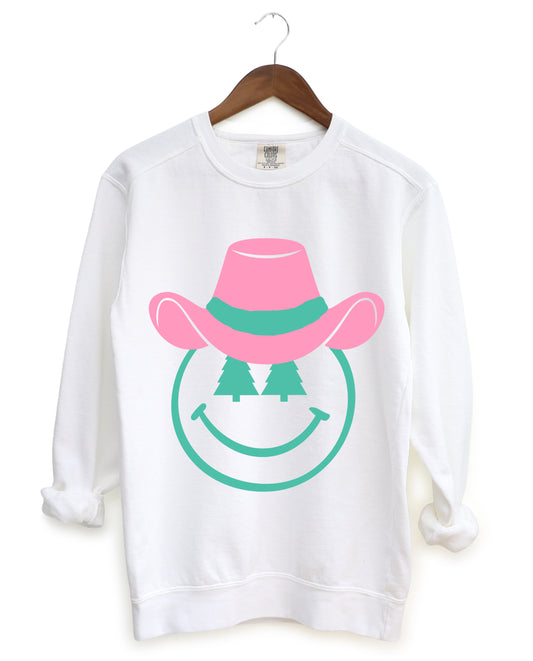 Gildan, Bella, or  Comfort Colors Christmas Sweatshirt - Unisex Sweatshirt- Cowboy Smiley Santa- Youth and Adult Sizes
