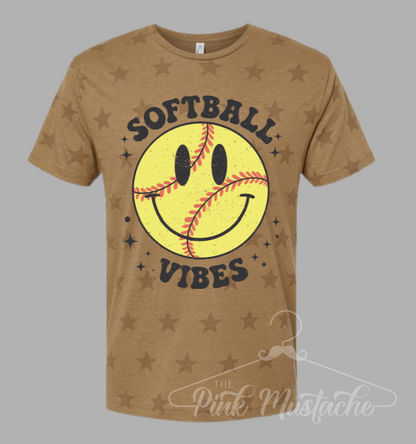 Softball Vibes Smiley Retro Star Printed Tee -Unisex Adult Sized Softball Shirt/ Softball Shirt/ Softball Mom Tee