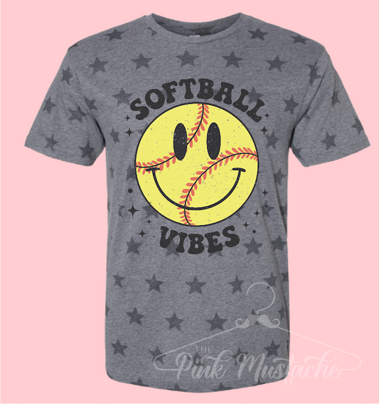 Softball Vibes Smiley Retro Star Printed Tee -Unisex Adult Sized Softball Shirt/ Softball Shirt/ Softball Mom Tee