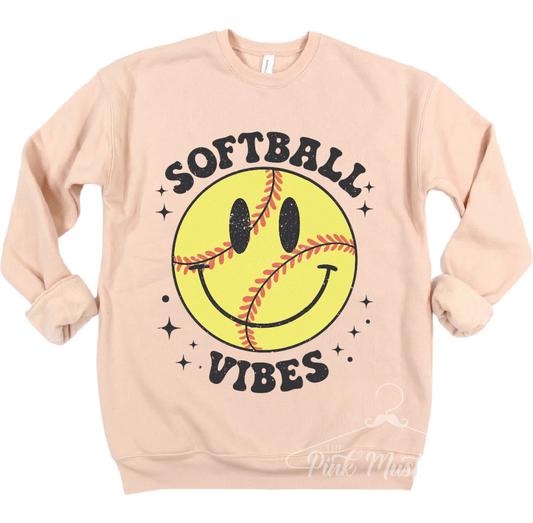 Softball Vibes Smiley Retro Bella Canvas Sweatshirt - Boutique Soft Style Bella Canvas Sweatshirt