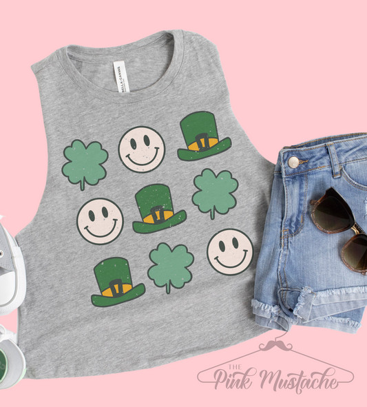 Lucky Clovers and Smiley's Crop Tank/ Workout Tank Top / St Patty's Day