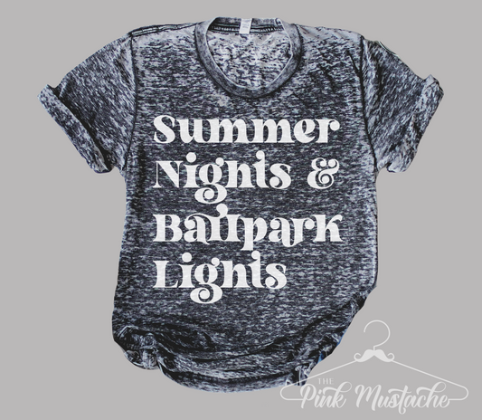 Acid Washed Summer Nights and Ballpark Lights/ Baseball Softball Mama Tee/ Super Cute Dyed Tees - Unisex Sized/ Baseball Life