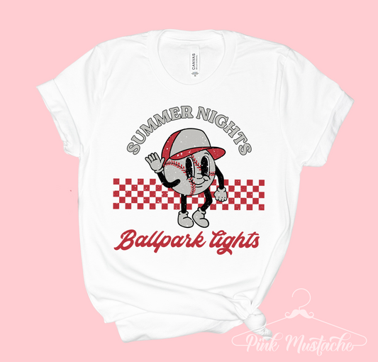 Summer Nights Ballpark Lights Baseball Retro Tee -Unisex Toddler, Youth, and Adult Sized Tees