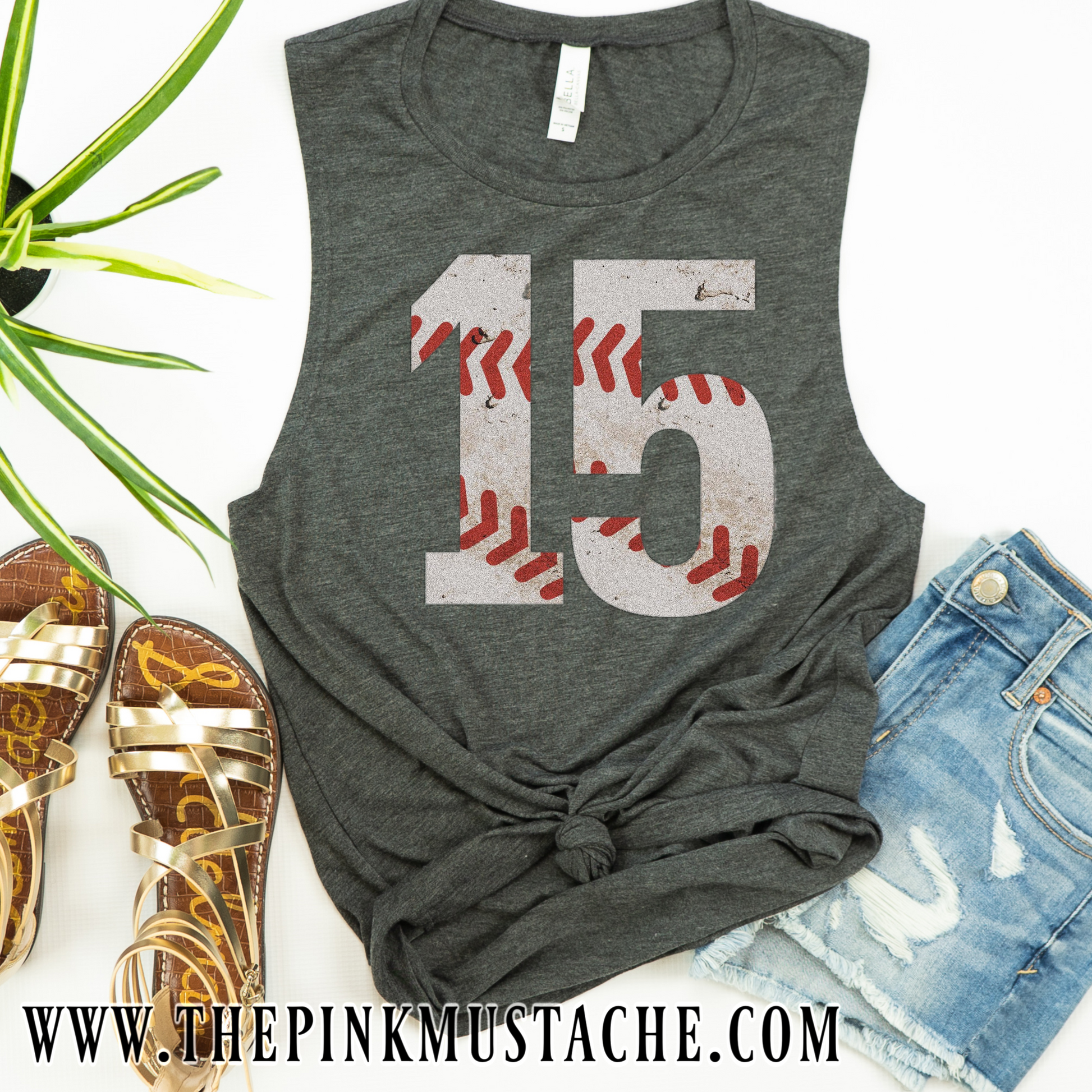 The Pink Mustache Custom Number Vintage Baseball Tank Top - Baseball Mom Shirt with Number L / Sports Gray