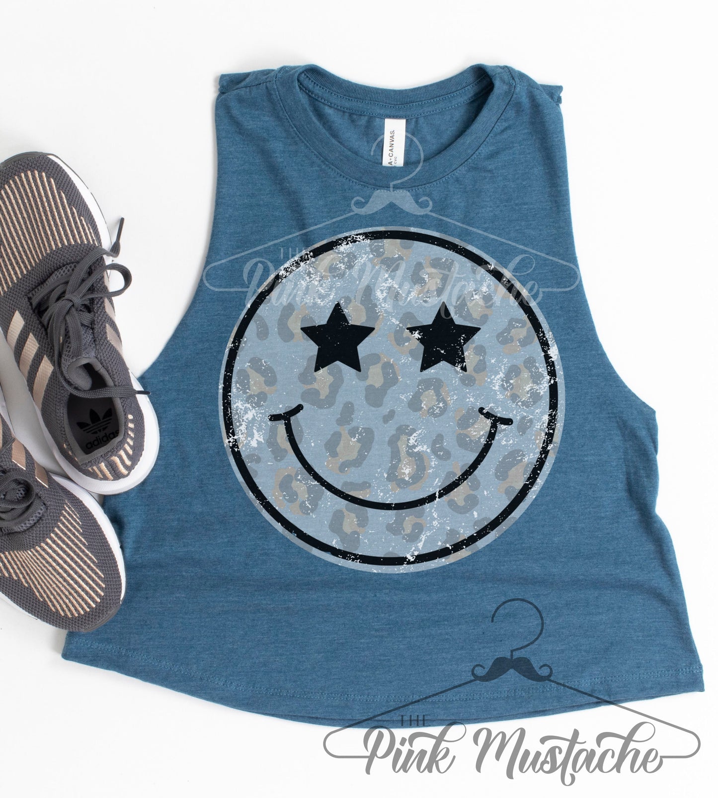 Distressed Smiley Face Stars CROPPED Racerback Tank /Funny Workout Tank