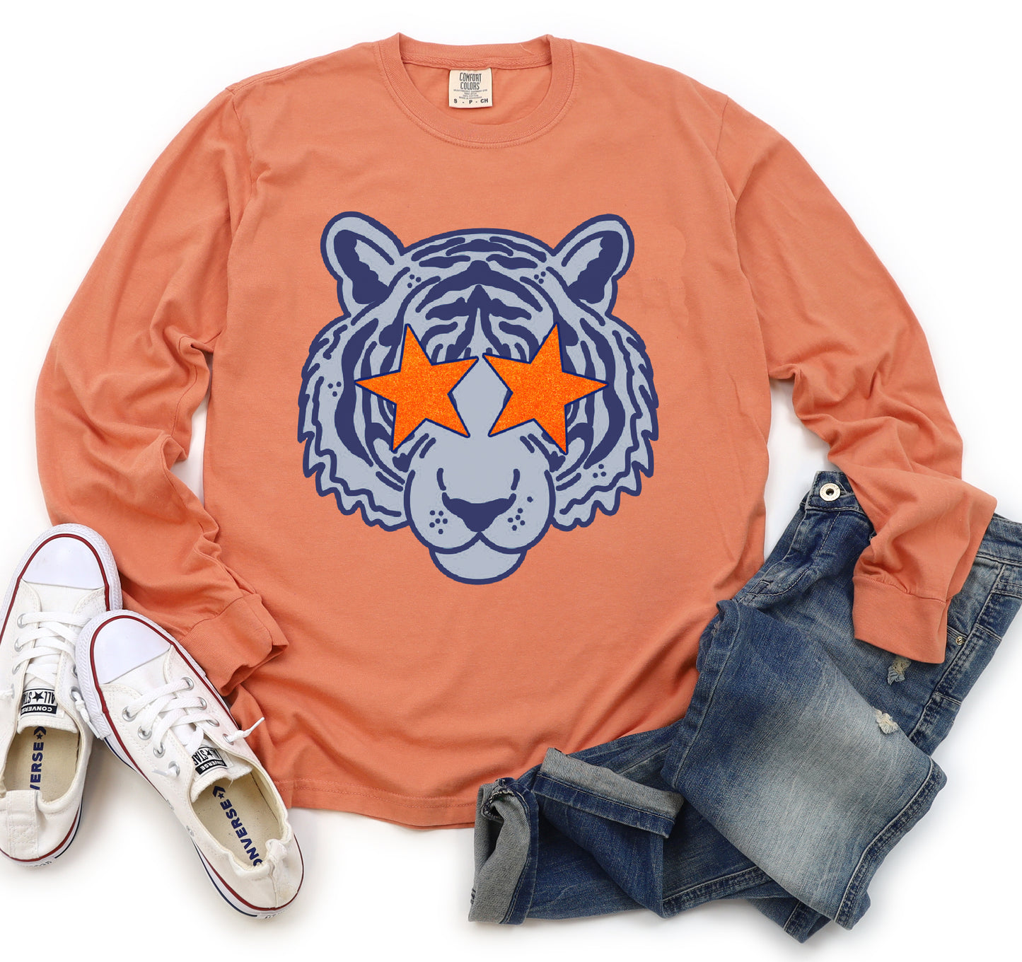Long Sleeved Comfort Colors Terracotta - Navy and Orange Tiger Shirt / Adult Sizes