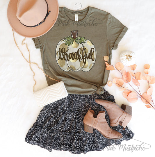 Thankful Polka Dot Pumpkin Tee/ Bella Canvas Fall Tee/ Fall T-Shirt with Pumpkins / Youth and Adult Pumpkin Shirt