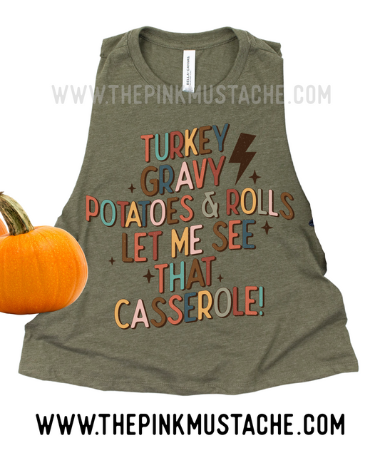 Turkey, Gravy, Potatoes and Rolls , Let Me See that Casserole Funny Cropped Tank / Thanksgiving WOD Workout Tank