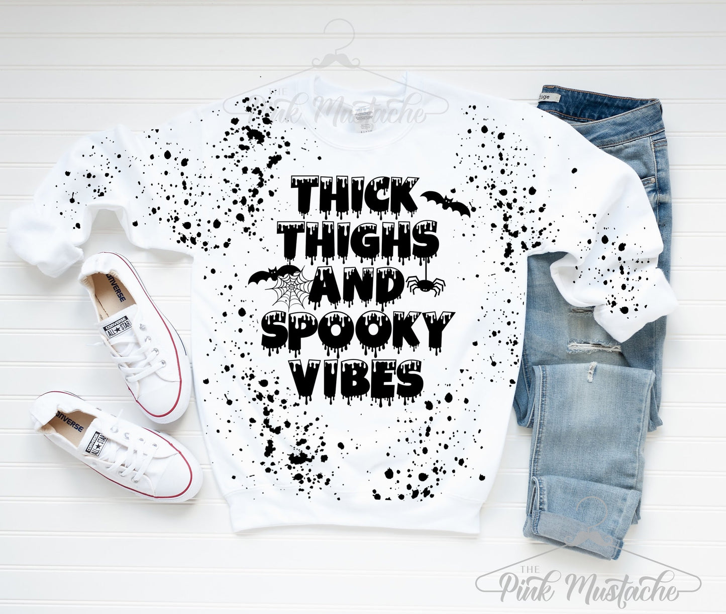 Hand Splatter Dyed Thick Thighs And Spooky Vibes Sweatshirt/ Halloween Fall Sweater