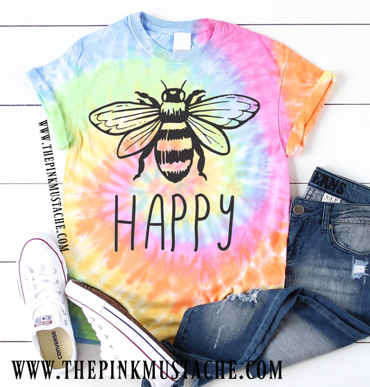 Tie Dye Bee Happy T-Shirt / Tie Dye Tee / Fall Layering Tee / Teachers Tee