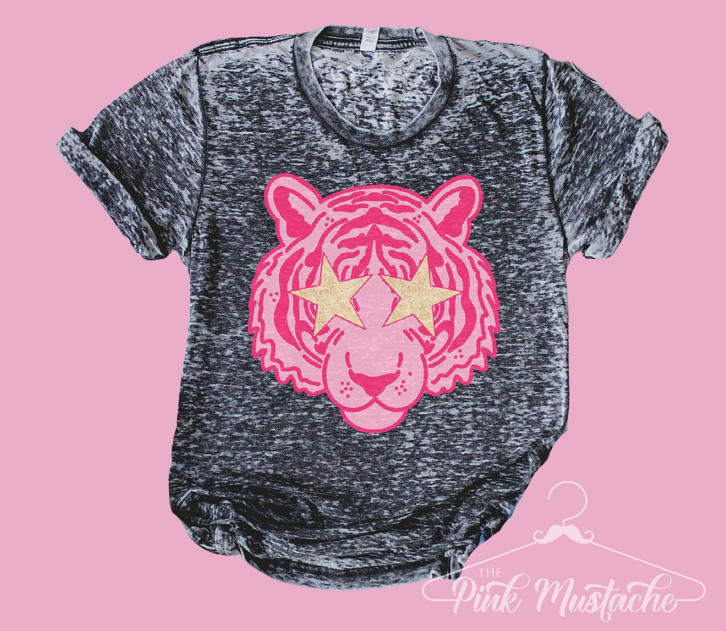 Acid Washed Bright Pink Tiger Star Tee/ Quality Acid Washed Retro Tee