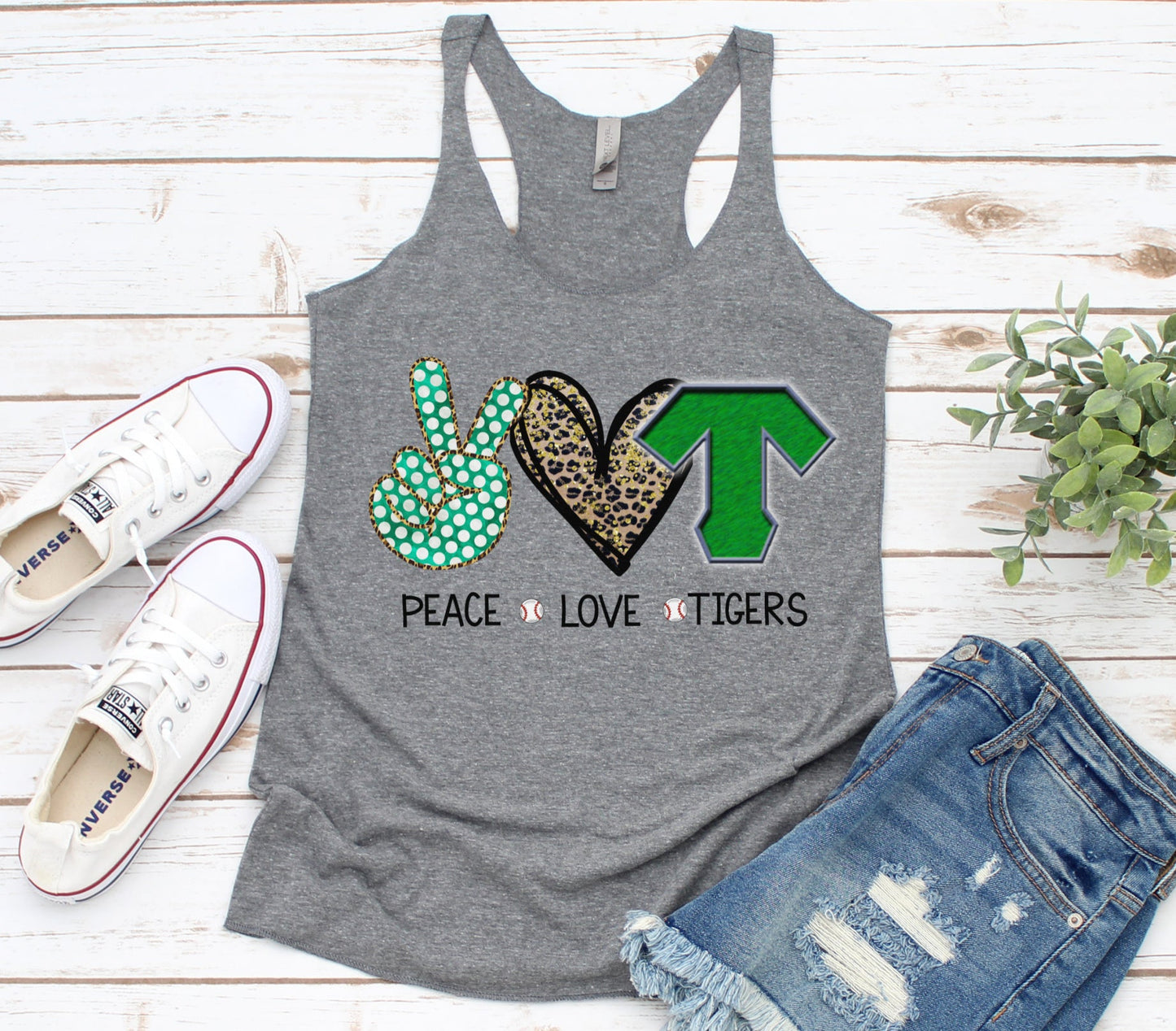 Gray Peace Love Tigers Baseball Tank - Womens Cut Tank Top